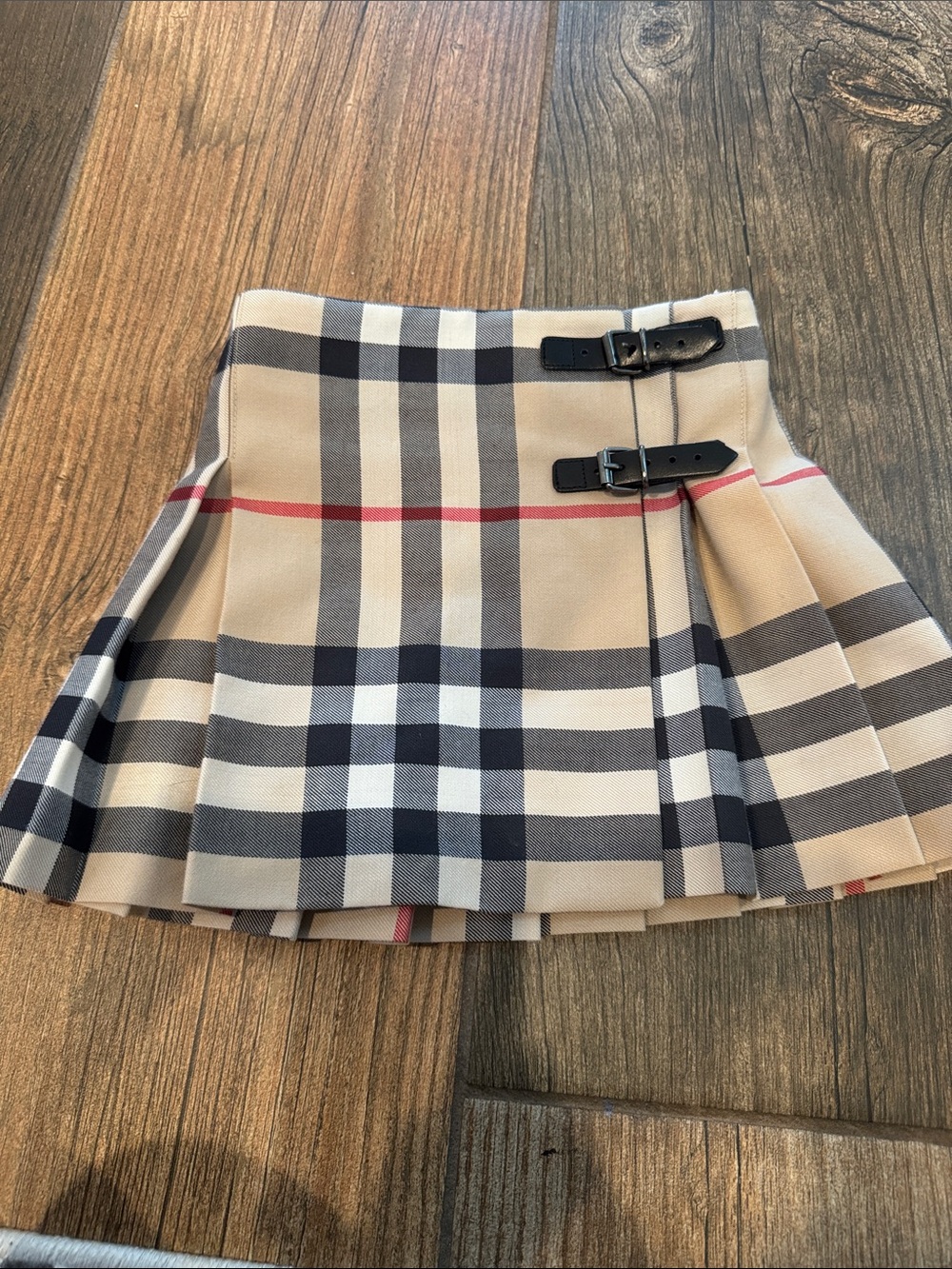 Burberry Beige Plaid Pleated Mini Skirt with Black Buckles